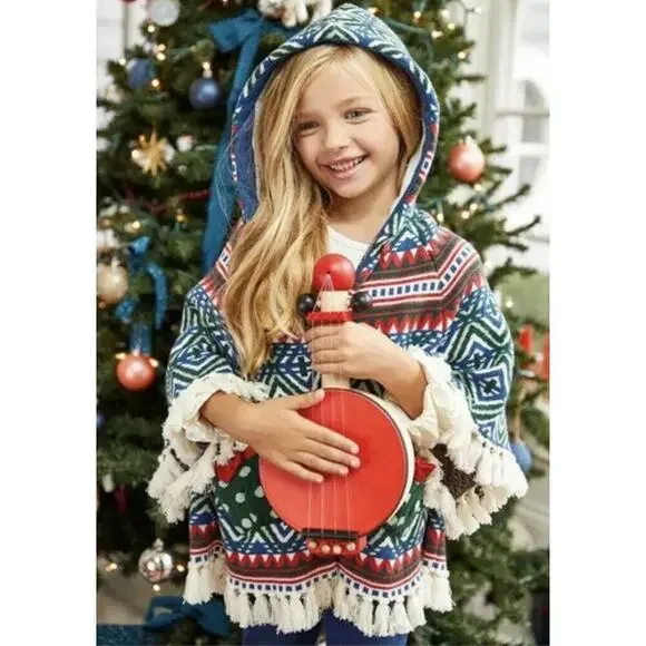 MATILDA JANE Hooded Fringe Poncho Boho Fair Isle Knit Cape Big Girl Size 14 - Picture 2 of 16